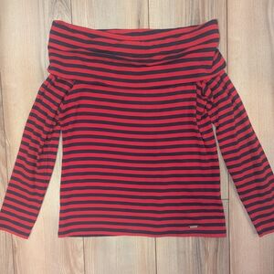 Tommy Hilfiger Red and Navy Off The Shoulder Striped Shirt